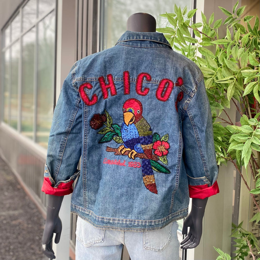 CHICO'S Vintage Beaded Parrot Denim Jacket - Size Medium